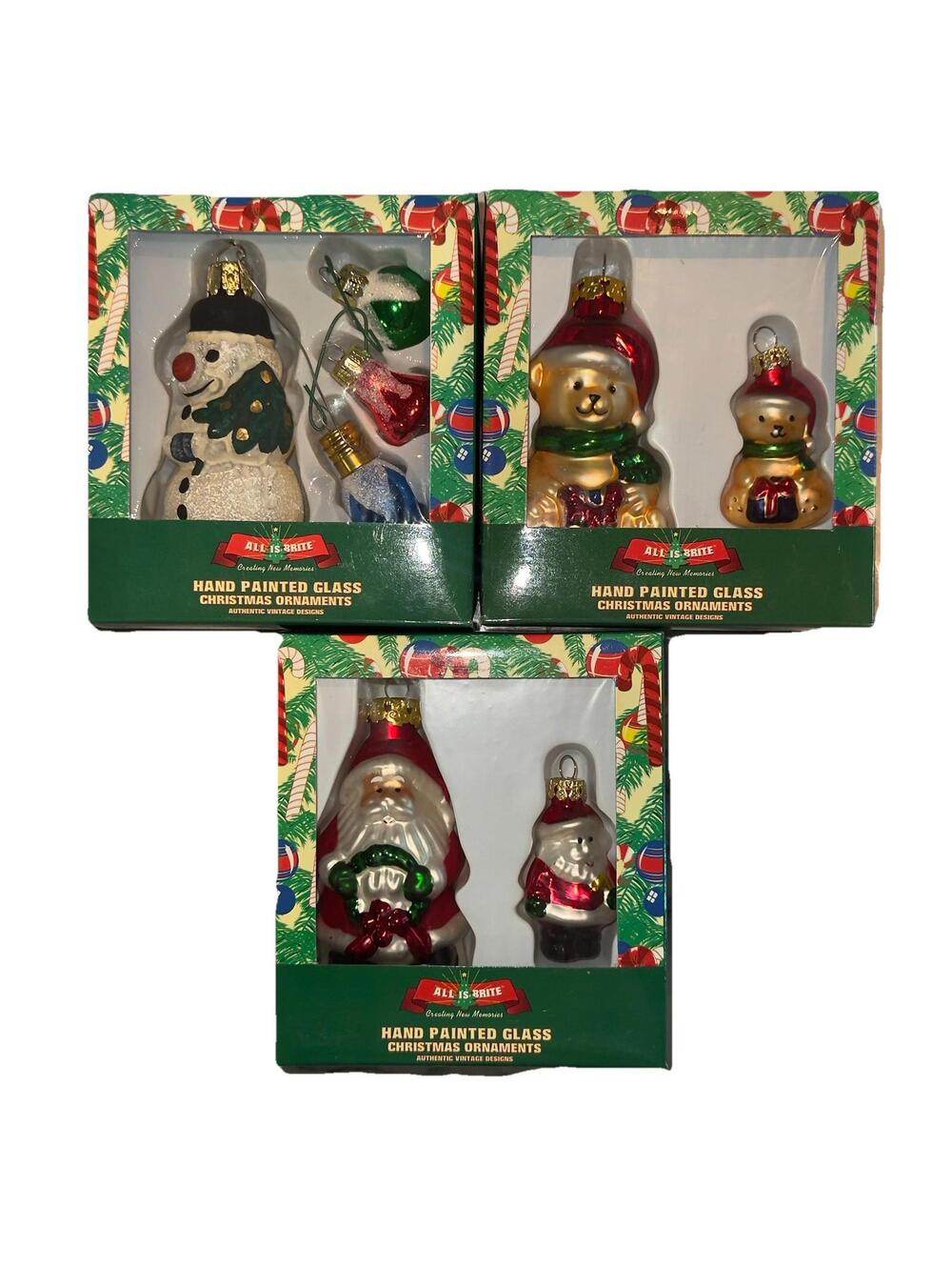 Handpainted Mini Glass Ornaments ALL IS BRITE Santa Snowman Teddy Bear Vintage